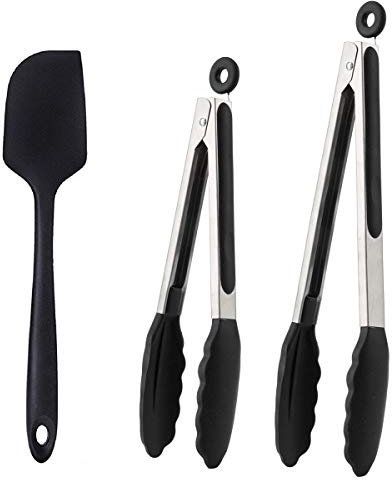 BGLINKAL 12 Inch & 9 Inch Kitchen Tongs for Cooking, Non Stick BPA Free Silicone Tip Stainless Steel BBQ Cooking Grilling Locking Food Tongs Plus Bonus Silicone Spatula (Black)