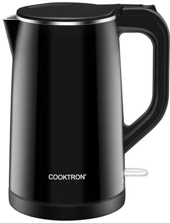 COOKTRON 1.7L Quiet Electric Kettle, Double Wall Hot Water Boiler BPA-Free Cool Touch Tea Kettle, Cordless with Auto Shut-Off & Boil Dry Protection, 1500W Fast Boiling, Black