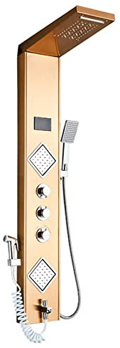 Huin Panneau de douche de bain à LED cascade dorée colonne de douche de pluie robinet écran de température numérique système de douche mélangeur bec de baignoire-C