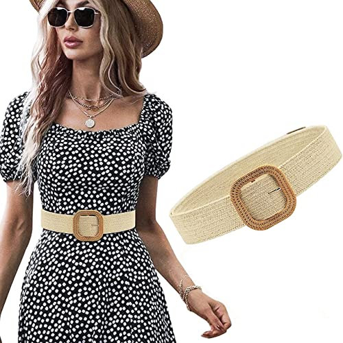 ELizoop Femmes Ceinture Paille Tissé éLastique Stretch Taille Ceinture Maigre Robe Ceinture Boucle Taille Robe Bande (Beige)
