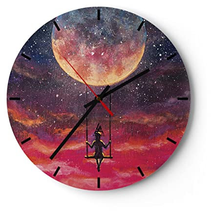 Modern Wanduhr Mond Schaukel Frau 30x30cm Rund Klein Wand Uhr Glas Analog Zimmeruhren Küche Büro Wohnzimmer Glasuhr Wall Clock Dekoration Design Wanddekoration Küchenuhr C3AR30x30-5095