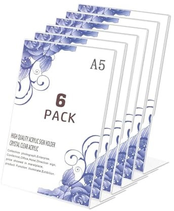 Flow fire A5 Acrylic Sign Holder, 6 Pack L-Shape Perspex A5 Menu Display Stand for Poster, Office Store Restaurant