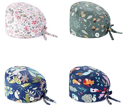 LIAOPUFUS 4 Piezas Gorro de Trabajo Unisex Turbante con Botón Cubren Cabeza Pañuelo Estampado