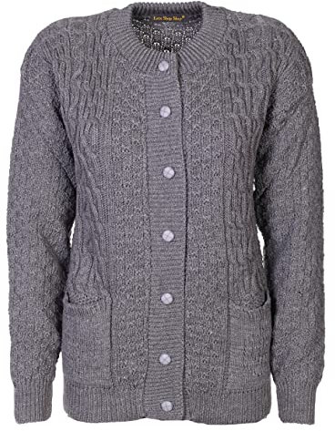 Lets Shop Shop Chunky Cable Knit Cardigan for Women Ladies Round Neck Long Sleeve Aran Plus Size 12 14 16 18 20 22 24 (SM, Dark Grey)