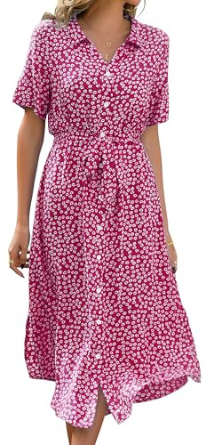 Livonmone Sommerkleid Damen Kurzarm Casual V-Ausschnitt Blumendruck Kleider Strandkleider Sexy Schlitz Midikleid Cocktailkleid Partykleid mit Gürtel (Rose Rot, XXL)