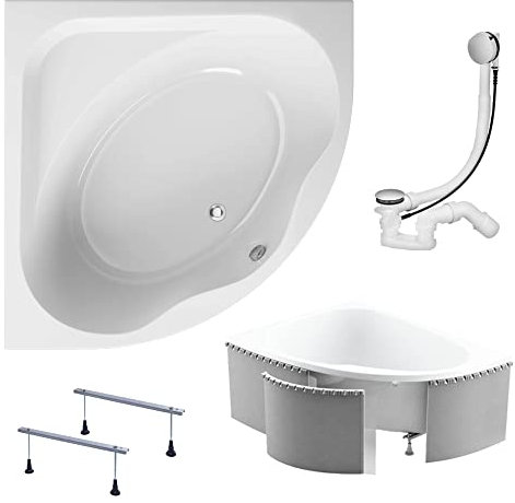 KOLMAN Badewanne STANDARD Eckbadewanne 150x150 mit Styroporverkleidung, Ablaufgarnitur und Füßen Komplettset 4in1 Premium Original Acryl Wanne Siphon