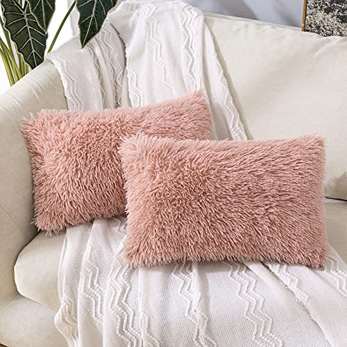MIULEE Noël Lot de 2 Housse de Coussin de Canapé Fourrure de Luxe Decoration canapé Maison Chambre Lit Super Doux Peluche Taie d'oreiller Décorative 40X60cm 16X24 Pouces,Rose Foncé