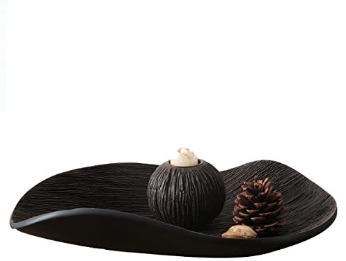 ROCKING GIFTS Plato Bandeja Centro de Mesa Forma Irregular, Negro Marrón con Relieve Étnico, Vaciabolsillos Elegante de Resina Decorativo para Entrada, Comedor, Bolas No Incluídas, 41 cm