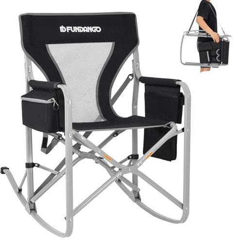 FUNDANGO Übergroßer Campingstuhl für Erwachsene Schaukelstuhl Klappstuhl Outdoor mit Seitentasche und Kühltasche, Legierter Stahl, Schwarz/Grau 1, Oversized