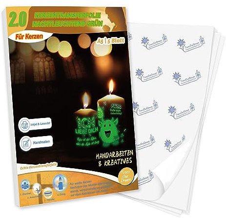 TransOurDream Wasserschiebefolie für Kerzen(Nachtleuchtend Grün) Laser/Inkjet Kerzentransferfolie,Kerzensticker Kerzentattoos Tattoofolie Transferfolie,Kerzendekopapier,A5X5 Sets (D-12-2.0-A5)