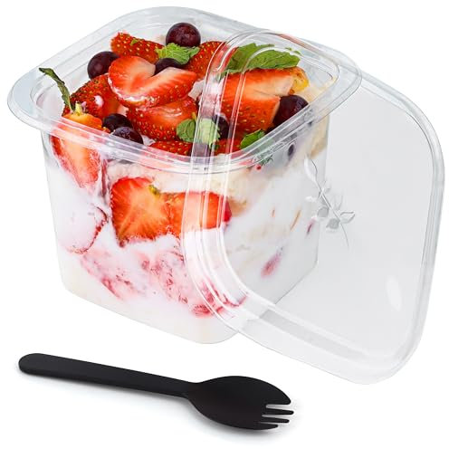 BELLE VOUS 50 Pack of Clear Plastic Dessert Cups and Sporks - 400ml/13.5oz Reusable Square Cups & Lids - Appetiser Serving Bowls for Parfait, Mousse, Weddings, Birthday Parties, Fruit and Pudding