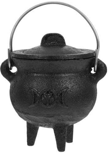 Mini Cast Iron Cauldron with Lid and Handle 4 inch Witches Cauldron Metal for Spell Casting, Smudging, Candle Holder, Witchcraft Halloween Decorations, Triple Moon