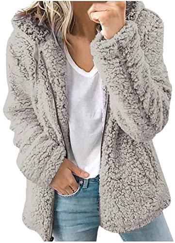 AMhomely Fleece Coats for Women UK Clearance Winter Warm Teddy Fleece Jackets Soft Fluffy Coat Hooded Overcoat Cardigan Full Zip Casual Loose Comfy Ladies Jumper Tops UK Size 8-16, 01 Gray