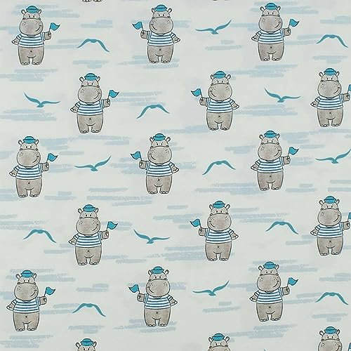 Jersey Stoff Hippos, Nilpferde | ab 50cm x 150cm (naturweiß) | Baumwolljersey - Kinderstoff