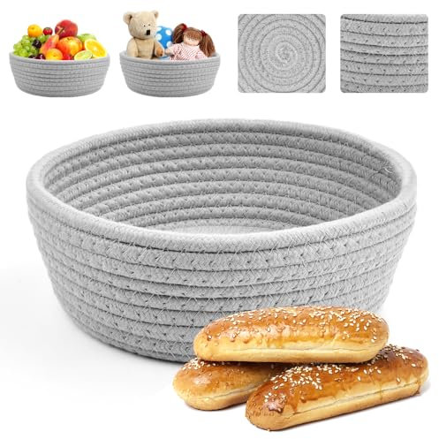 Kleemeiero Cestas Almacenaje Tejida Ø 22cm Cesta de Pan Redonda Cestas Almacenaje de Cuerda de Algodón Cesta Organizadora Bebé Canasta Pequeña Tejida Decorativas para Panecillo, Baño, Cocina (Gris)