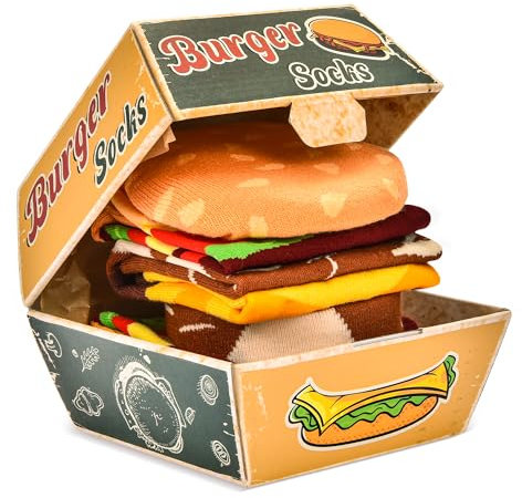 Funny Burger Socks Box for Dad Father Men Women Teenage Boys - Funny Gifts Novelty Fun Funky Food Cool Crazy Silly Odd Socks Fathers Day Easter Birthday Gifts Christmas Stocking Fillers(2 pairs)