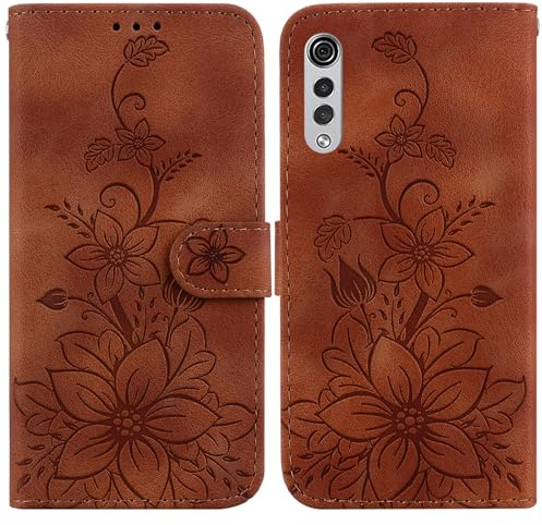 LMFULM® Hülle für LG Velvet G900/G910 (6,8 Zoll) PU Leder Magnet Brieftasche Lederhülle Lotus Drucken Tasche Flip Cover Ledertasche Stent-Funktion Case Braun