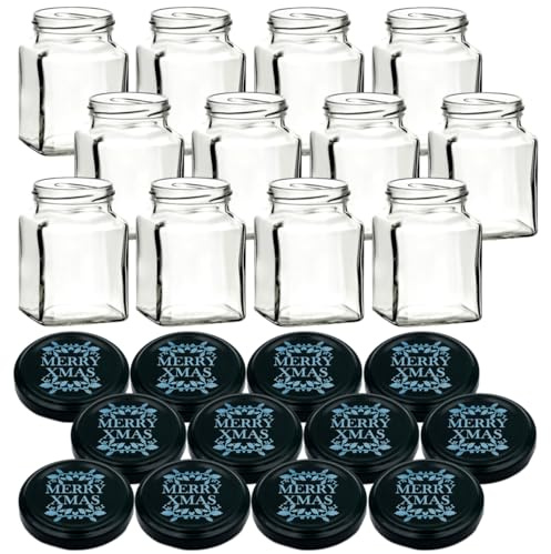 gouveo 12er Set Einmachgläser 314 ml eckig mit Schraubverschluss Weihnachten Set 7 - Eckige Gläser mit farbigen Motiv-Deckel - Schraubglas für Weihnachten