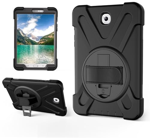 SLLMYYX Funda para Samsung Galaxy Tab S2 8 pulgadas SM-T710/SM-T715, 360 grados de soporte giratorio a prueba de golpes, funda protectora resistente con correa para el hombro, color negro