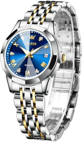 OLEVS Montre Femme Diamant Montre avec Petit Visage Or Argent Bracelet en Acier Inoxydable Étanche Date Montre, Bleu/doré