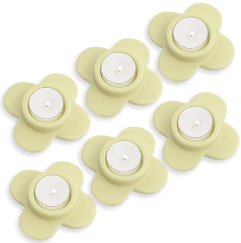 HofferRuffer Lot de 6 photophores en céramique en forme de fleur, couleurs Morandi, bougeoirs et verres pour mariage, Noël, anniversaire, fête, décoration de table (vert)