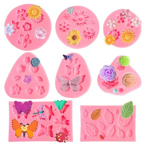 8 Pcs Flower Silicone Mould, Chocolate Rose 3D Flower Icing Moulds | Daisy Rose Mould Silicone Cake Mould for Candy Jelly Cake DIY Sugarcraft Wax Melts, Contains Daisy Flower Butterfly Leaves