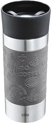cilio Isoliertrinkbecher VIAGGIO | Edelstahl Thermobecher to go | Deckel aus Kunststoff | 360° Trinkverschluss | Doppelwandsystem | Bruch- und auslaufsicher | 360 ml, Höhe: 19 cm | Grau