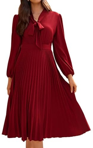 GRACE KARIN Vintage midi Dress Ladies with Bow Tie Long Sleeve A-Line Dress for Business 2024 Red Wine 36