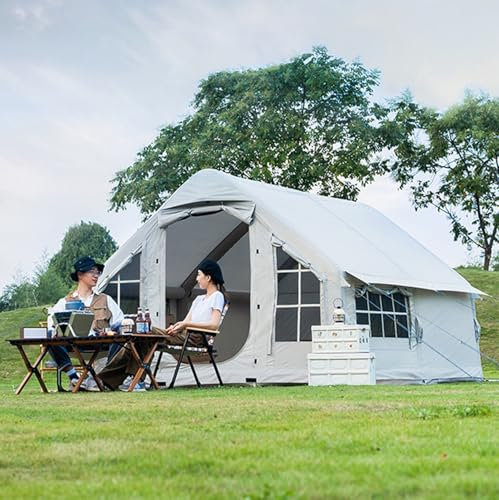 Aufblasbares Campingzelthaus für 6–8 Personen, Outdoor-Luftaufblaszeltkabine für Camping, wasserdicht, einfacher Aufbau – Oxford-Warmzelt mit Herdanschluss – 4-Jahreszeiten-Familien-Campingzelte