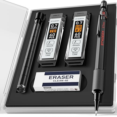 STAGEEK Porte-mines 0,7 mm avec étui, corps en métal résistant aux intempéries, porte-mine pour artistes en plein air avec 120 recharges HB et 2B, gomme, pour écrire, dessiner, dessiner et esquisser