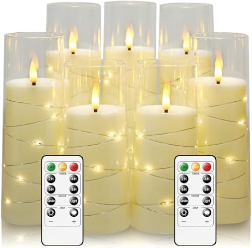 Bibykivn Flammenlose Kerzen mit Lichterkette, 7 Stück Flammenlose LED Batteriebetriebene Kerzen mit Fernbedienung und Timer, Eingebettete Lichterkette für Heimdekoration, Valentinstag (Transparent)