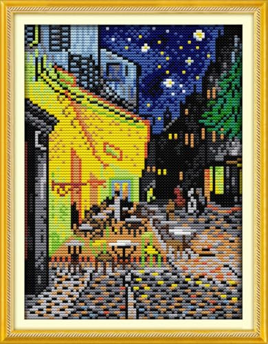 IUHUI 14ct Kreuzstich Set Vorgedruckt für Anfänger Erwachsene, Das Nachtcafé von Van Gogh DIY Kreuzstich Stickpackungen Stickerei Stoff Vorlagen