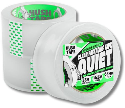 Hush Tape - Heavy Duty Low Noise Clear Packing Tape, 66 Micron, 48mm x 55m Clear Packaging Tape Strong Parcel Tape for Moving House, Shipping, and Sealing Boxes - 3 Rolls