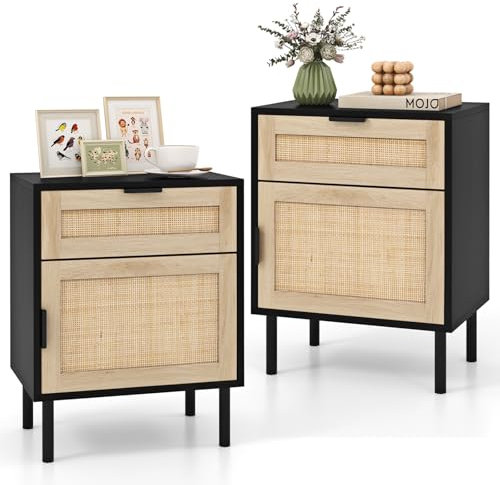 COSTWAY Rattan Bedside Tables Set of 2, Wooden Nightstand Sofa Side Table with Drawer & Cabinet, Solid Metal Legs Bedside Cabinet Accent End Table for Living Room Bedroom, 45x30x59cm (Black + Natural)
