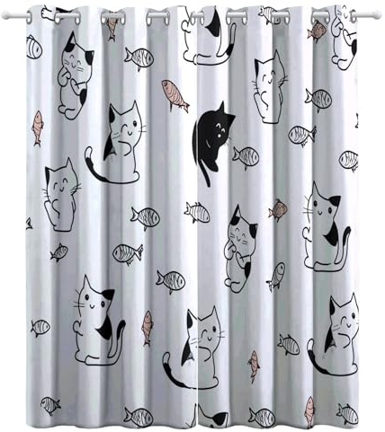 CozyRest Lot de 2 Rideaux à Oeillets Motifs Chat Noir et Blanc Style Japonais Occultant Thermique Anti Froids Rideau Chambre Fille Isolation Sonore 280 x 260 cm Blanc pour Chambre et Salon