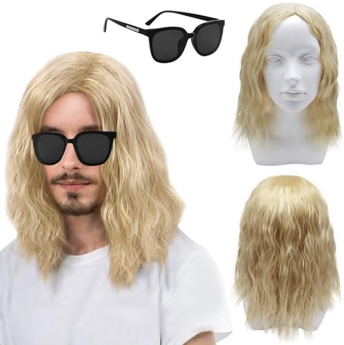 TSHAOUN Lange Hellblond Perücke für Herren, 16'' /40 cm Männer Perücken Lange Lockige Haa und Sonnenbrille, 70er 80er 90er Herren Hippie Kostüm Herrenperücke für Halloween Cosplay Perücke (Hellblond)