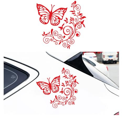 JNNJ Adesivi per Auto Farfalla Fiori, Adesivi Impermeabile Vinyl Auto, Auto Decorazione Porta Parabrezza Posteriore Adesivi, Universale Esterni Accessori Decorativi per Camion Motociclette(Rosso)