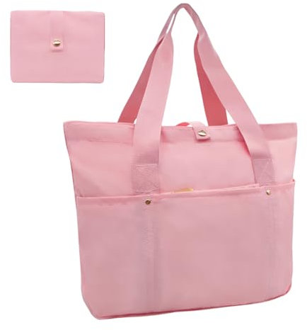 LJCZKA Sac Cabas Grande Capacité Pliable, Sac à Main Style Étanche Multi-Poches pour Voyage, Plage, Gym, Travail, École (Rose)