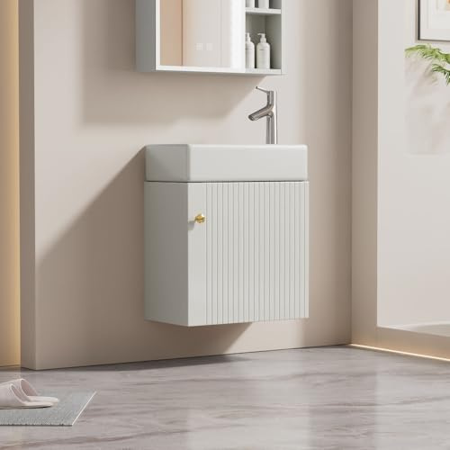 OCACA Mueble de baño con lavabo de 46 cm, armario para lavabo colgante, pequeño mueble de baño (blanco)