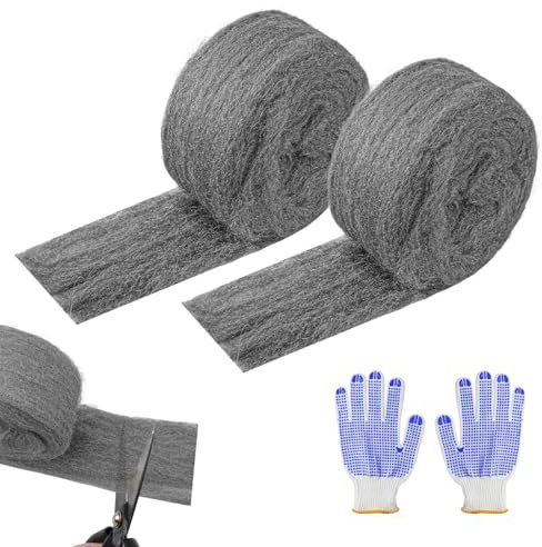 XNJIHWA 2 Rotoli di Lana D'Acciaio Contro i Topi Paglietta Acciaio con Guanti da Lavoro Lana di Acciaio di Pulizia per Roditore Riempimento Foro,Riparazione,Pulizia Fine,Levigatura,Lucidatura,3m