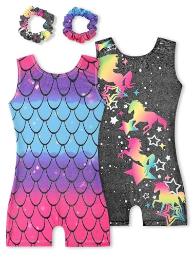 Tstiti Gymnastics Leotards for Girls 2 Pack Sparkly Kids Biketards Dance Unitards Matching Hair Scrunchies Black Unicorn Pink Blue Scales 9-10 Years