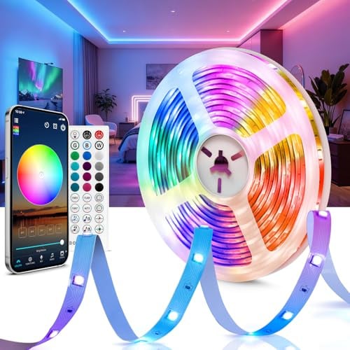 Beaeet Striscia LED 5 Metri 24V RGB, Luci LED Camera da Letto con Telecomando & App Bluetooth, Strisce LED Adesive per Interni, Plafond, Gaming, LED Strip Light Tagliabile, Luce LED RGB 5050 (1×5m)