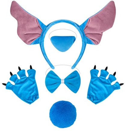 Dehott Stitch Kostüm Set für Kinder & Erwachsene – 6-teiliges Zubehör mit Ohren, Handschuhen, Fliege, Nase und Schwanz – Perfekt für Karneval, Halloween & Mottopartys