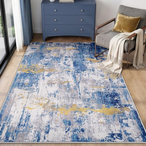 INOVADAY Abstrakt Waschbarer Teppich 90x150 cm Blau/Gold | Teppich Wohnzimmer, Teppich Waschbar, Schlafzimmer, Esszimmer, Büro, Moderne Minimalistische, Kurzflor Weich Rutschfest, OEKO