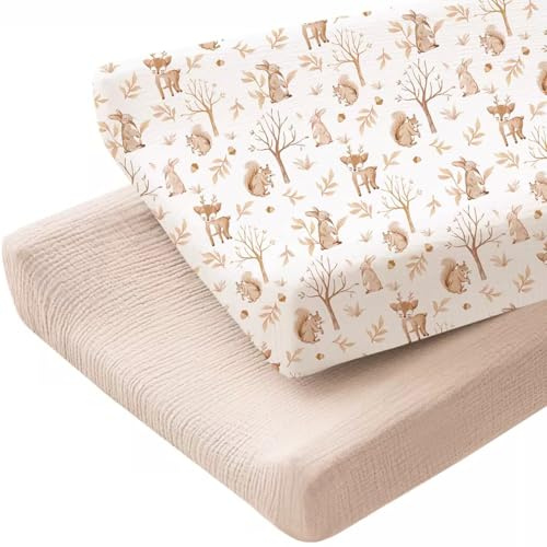 Liemuao Draps Housse Bebe, Lot de 2 Protégé Matelas en Mousseline de Coton Doux et Respirante Draps Cododo avec Élastique Double Draps de Berceau pour Matelas Ovale et Rectangulai 80 * 40cm (C)