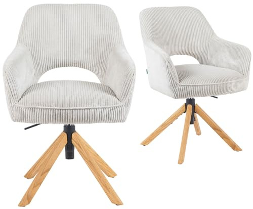 DUBI Möbel 2er Set Esszimmerstühle höhenverstellbar, Bürostühle & Konferenzstühle, 360° drehbar mit Taschenfederkern, ergonomisch gepolstert, Eichegestell, Cord-Stoff Beige, Modell Mika-Amia