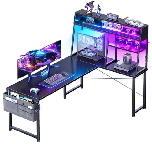 Coleshome Escritorio Gaming en L con Estantería y LED, 150x100cm, Negro | Escritorio Esquinero con 2 Enchufes y 2 USB, Reversible con Estantes, Bolsa de Almacenamiento y Gancho para Jugadores