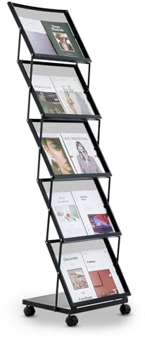 VEVOR Brochure Display Rack, Foldable 5 Pockets Magazine Literature Display Stand, Movable Floor Standing Magazine Rack with Wheels, Metal Newspaper Catalog Holders for Shop Exhibitions Office Show