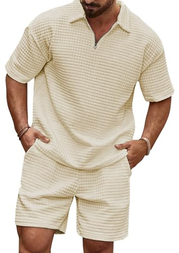 JMIERR Herren 2 Pcs Waffel Polosuit Outfits Halb Zip Polo Shirt und Short Texturiert Sommer Set,Beige L