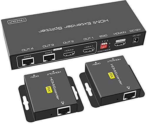 VEDINDUST HDMI Extender Splitter 1 in 2 Out 165FT/50M Length Transmission Over CAT 5e/6/7 Cable Support EDID Presets 1080P 60HZ POC